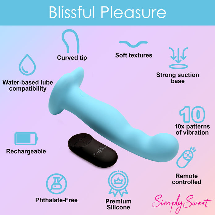 Simply Sweet 21x Vibrating Thick Rechargeable Silicone Dildo with Remote - Teal Blue curved silicone dildo with double bumps, vibrations, remote control, harness-compatible suction base, waterproof, body-safe. Keywords: blue silicone dildo, vibrating curved dildo, G-spot vibrator, P-spot stimulation dildo, harness-compat