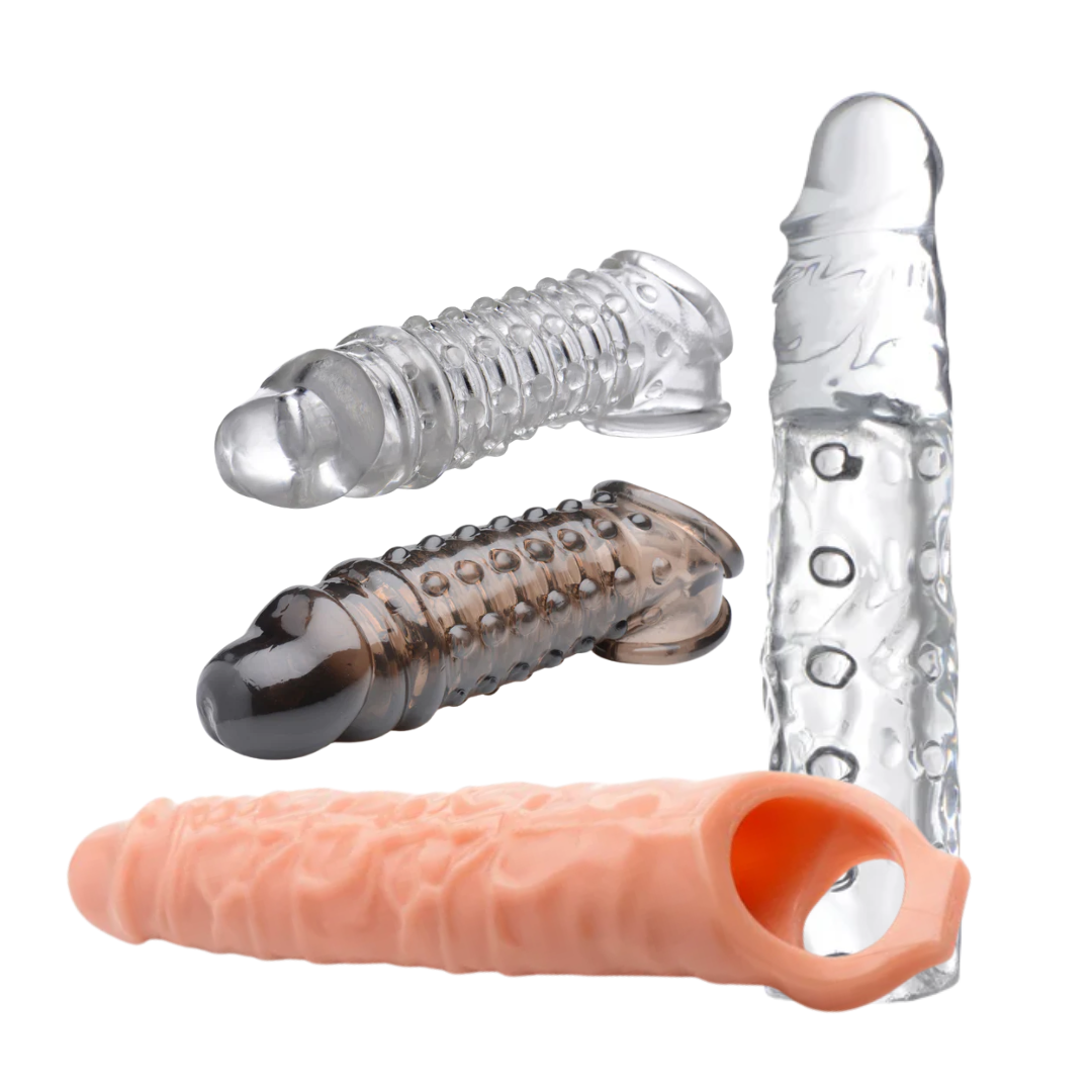 Penis enhancer sleeve collection adds length, girth, and stimulation with textured designs and phthalate-free TPR material.