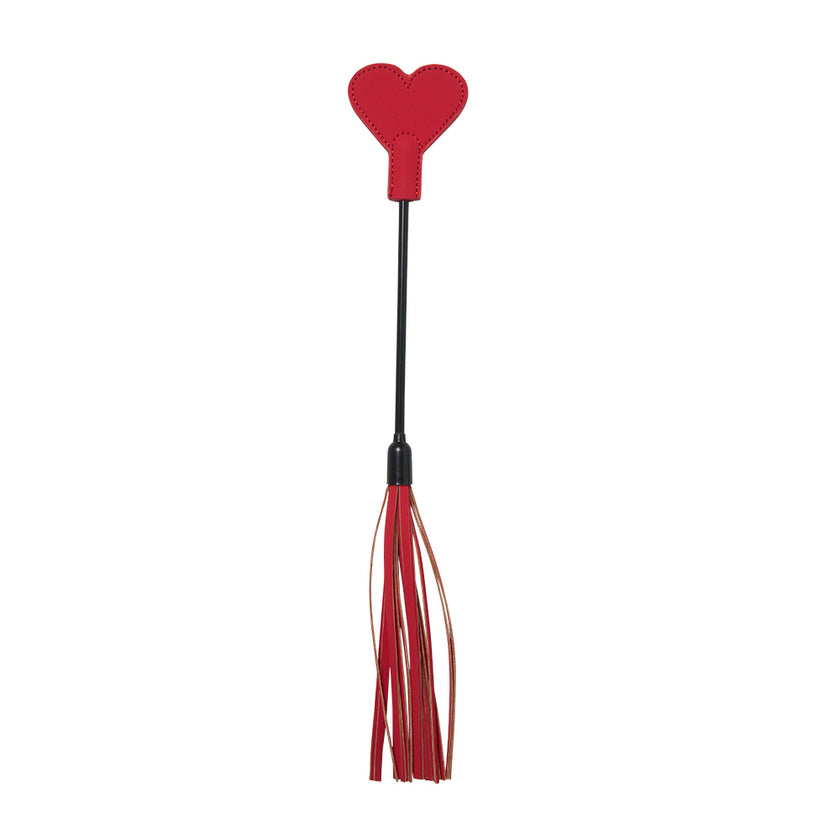 Red faux leather crop with mini flogger, compact and stylish BDSM tool for teasing and impact play.