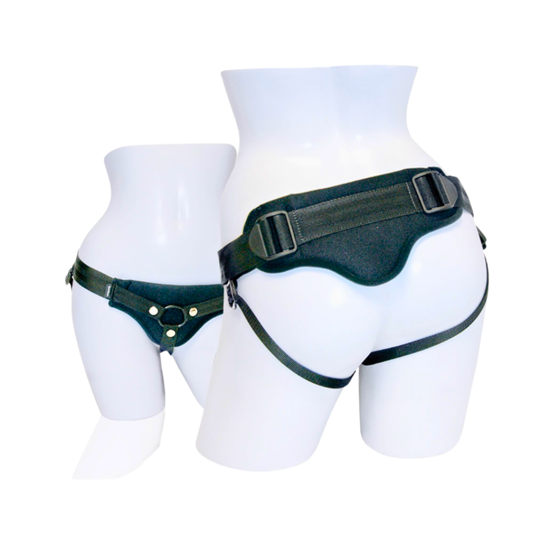 Sportsheets Divine Diva Plus Size Harness, adjustable straps with padded back support and interchangeable O-rings for flared-base dildos.