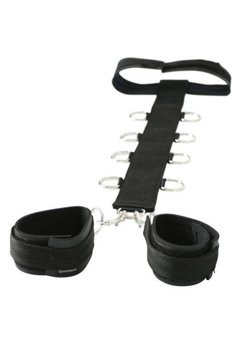 Sportsheets Neck & Wrist Restraint with neoprene collar, nylon strap, 4 D-rings on each side, and adjustable neoprene cuffs for versatile bondage play.