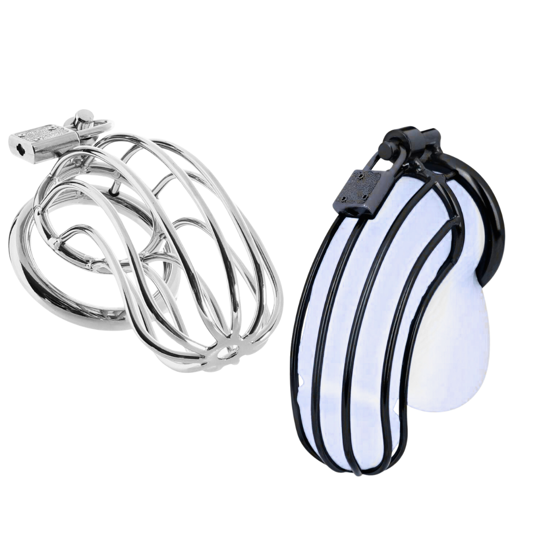 Stainless steel Prisoner Cock Cage Chastity Device with three-piece interlocking design, customizable rings, padlock, and key for secure, long-term wear.
