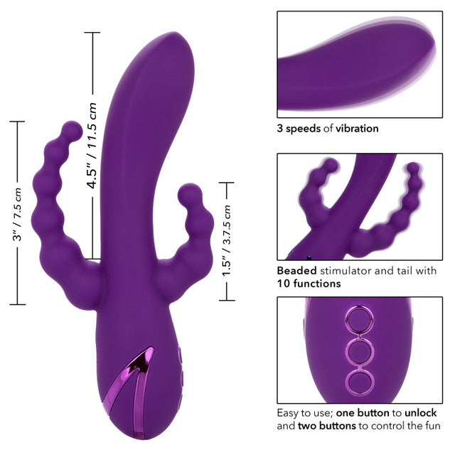 The California Dreaming® Long Beach Bootylicious is a triple-action vibrator with a G-spot shaft, clitoral teaser, and vibrating tail. With 3 speeds, 10 functions, and independent controls, it’s designed for ultimate pleasure.
triple-action vibrator, G-spot and clitoral vibrator, vibrating tail, dual-penetration vibrator, silicone waterproof vibrator, rechargeable triple-action massager, clitoral teaser vibrator, versatile vibrator, 10-function vibrator.