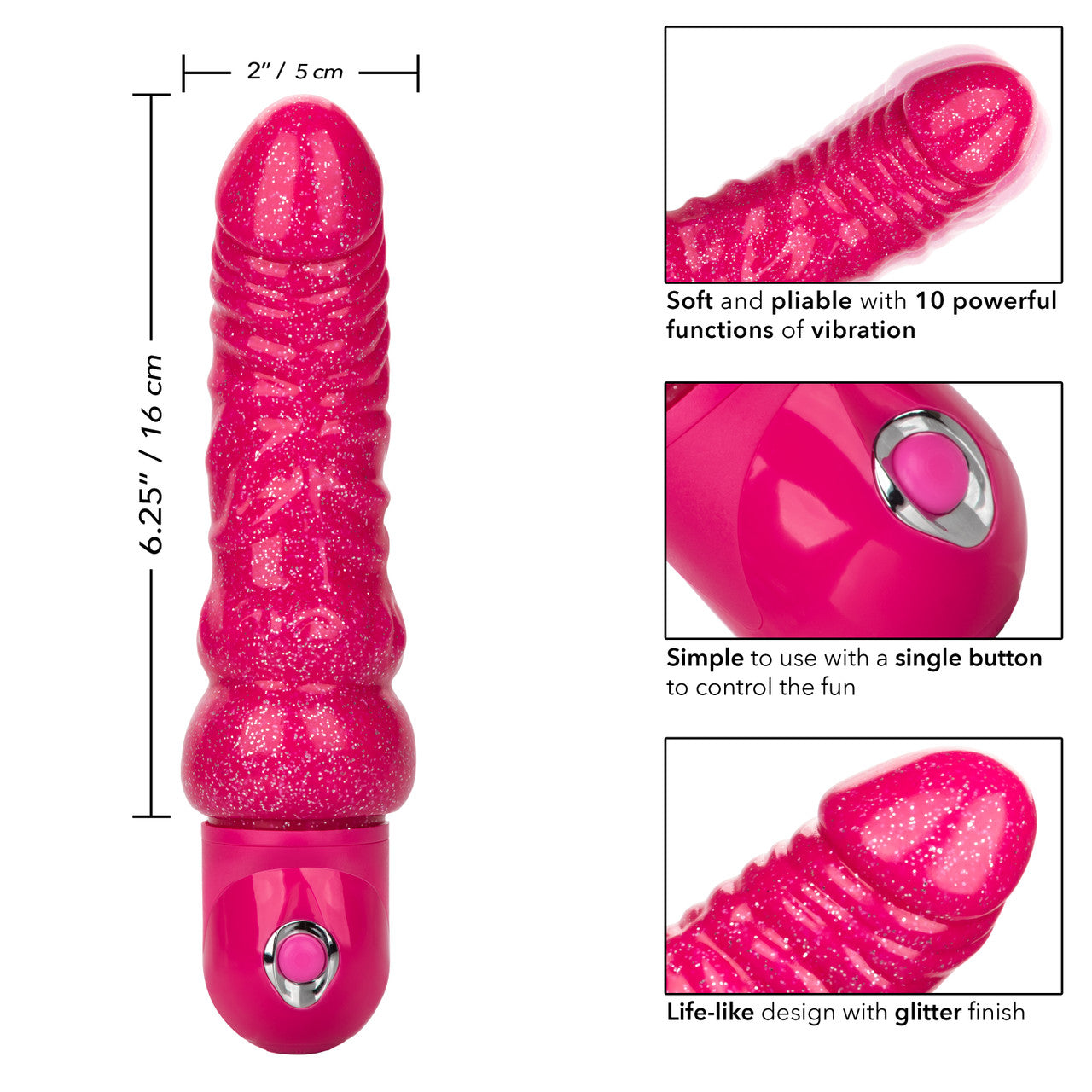 The Naughty Bits® Lady Boner™ Bendable Personal Vibrator - Pink glitter bendable vibrator with realistic veins and head, featuring 10 vibration functions and a waterproof design. Keywords: bendable glitter vibrator, Naughty Bits collection, pink glitter vibe, waterproof personal vibrator, realistic textured vibrator, 10-function vibrator, phthalate-free vibrator, flexible waterproof vibrator, travel-friendly vibrator.