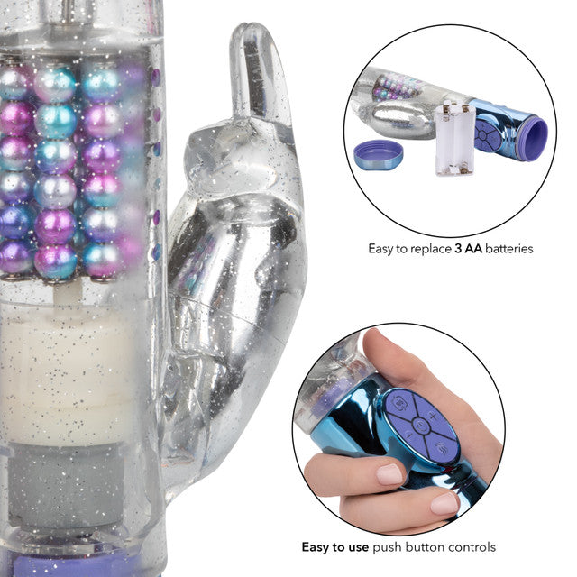 The Naughty Bits™ Party In My Pants™ Jack Rabbit® Vibrator - Multi-colored holographic rabbit vibrator with 10 vibration functions, rotating beads, and a waterproof design. Keywords: holographic rabbit vibrator, Naughty Bits Jack Rabbit, multi-colored waterproof vibrator, 10-function rabbit vibrator, rotating bead vibrator, clitoral teaser rabbit, 4-speed rotating vibrator, phthalate-free