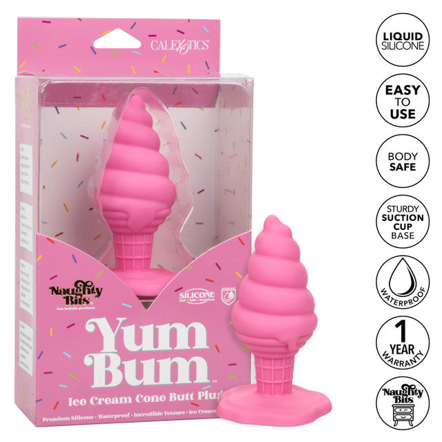 The Naughty Bits® Yum Bum™ Ice Cream Cone Butt Plug - Pink ice cream cone-shaped silicone butt plug with suction cup base, designed for playful, waterproof, and phthalate-free fun.
Keywords: ice cream butt plug, silicone butt plug, ice cream cone-shaped plug, Naughty Bits collection, pink silicone anal toy, suction cup butt plug, waterproof anal plug, phthalate-free butt plug, playful ana