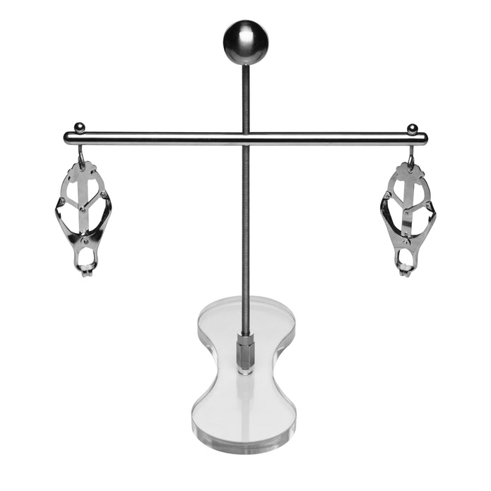 Tower of Pain BDSM device with clover-style nipple clamps, adjustable height, and a clear acrylic platform for customizable sensory play.