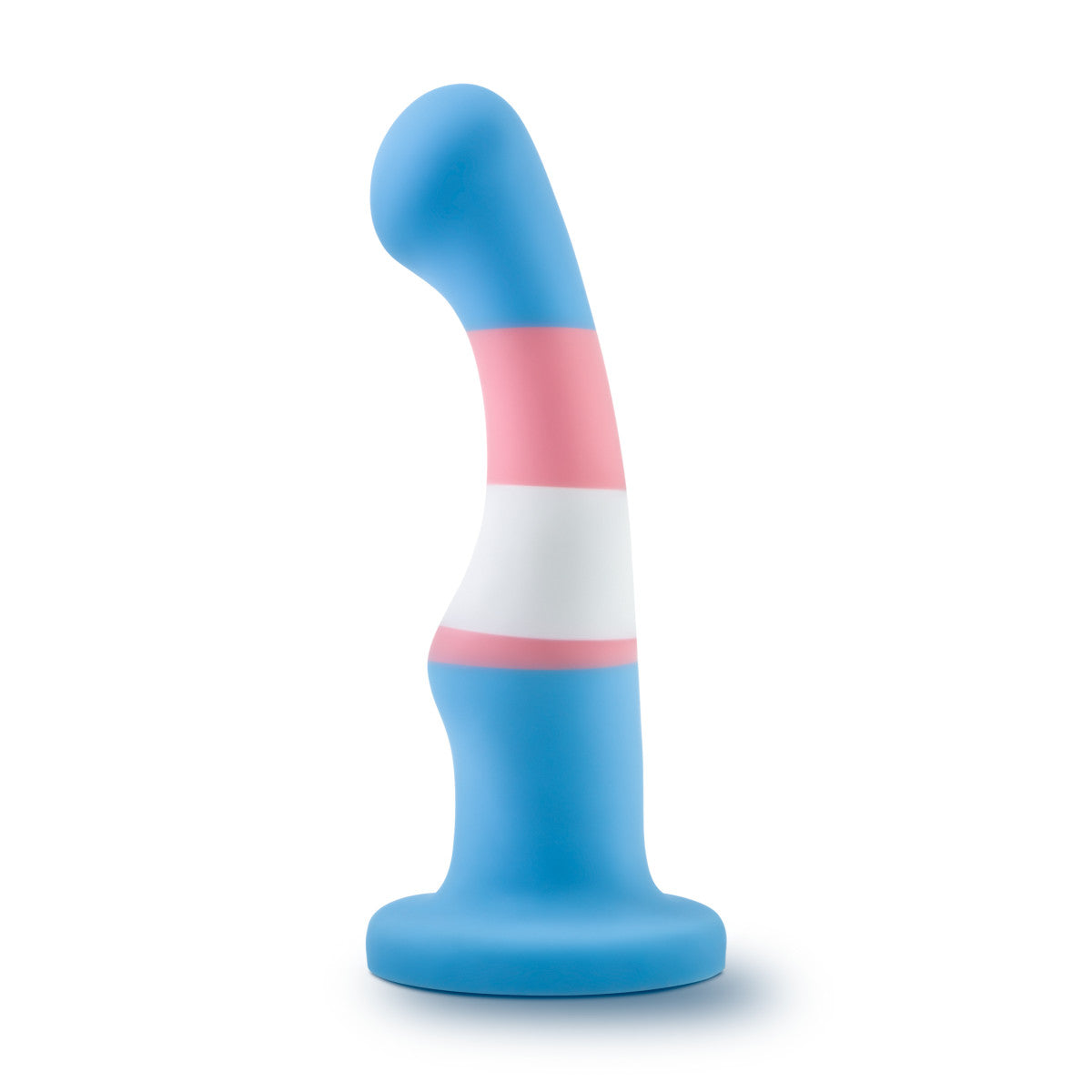 Trans pride flag-colored silicone dildo with a curved shaft, suction base, and smooth finish for G-spot or P-spot stimulation. Keywords: trans pride dildo, Avant dildo, G-spot dildo, P-spot dildo, suction cup dildo, harness-compatible dildo, body-safe silicone dildo, Purio silicone, colorful pride dildo, artisan-crafted dildo.