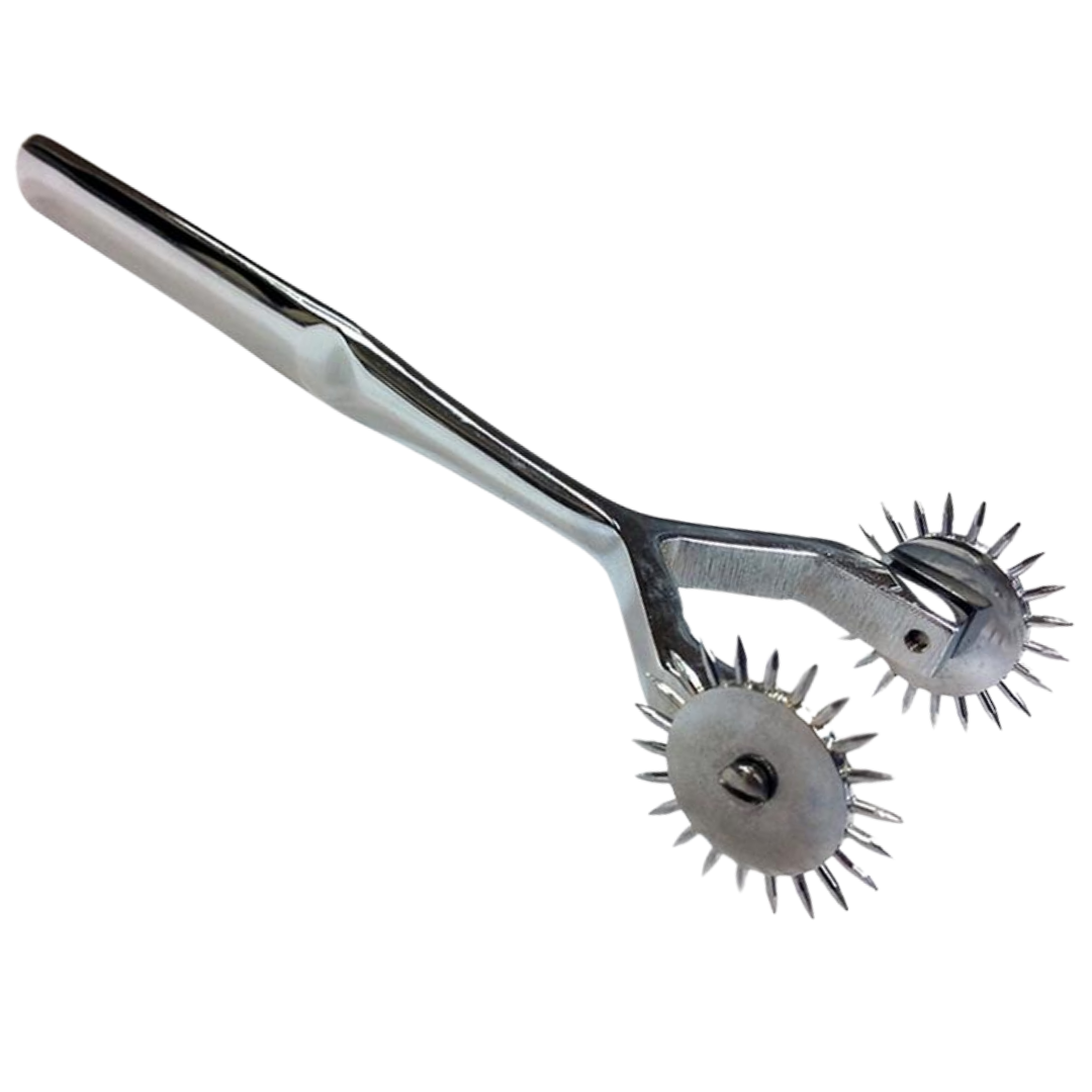 Dual-headed Wartenberg Pinwheel, stainless steel sensory tool, BDSM spiked pinwheel, dual pinwheel for pain/pleasure play, medical roleplay sensory tool, stainless steel pinwheel for BDSM, advanced sensory play tool, spiked wheel sensory play device, dual sensory pinwheel for beginners, erotic sensory exploration tool, stainless steel dual-headed pinwheel, BDSM and sensory stimulation tool, lightweight dual pinwheel for teasing, sensory play pinwheel for advanced users, BDSM sensory tools for couples, dual