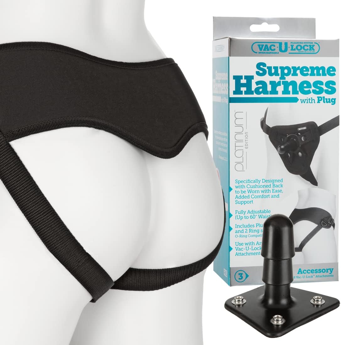 Vac-U-Lock harness, adjustable strap-on harness, Doc Johnson Supreme Harness, unisex strap-on harness, O-ring harness, soft neoprene harness, cushioned support strap-on, compatible with Vac-U-Lock attachments, black strap-on harness, open jockstrap harness.