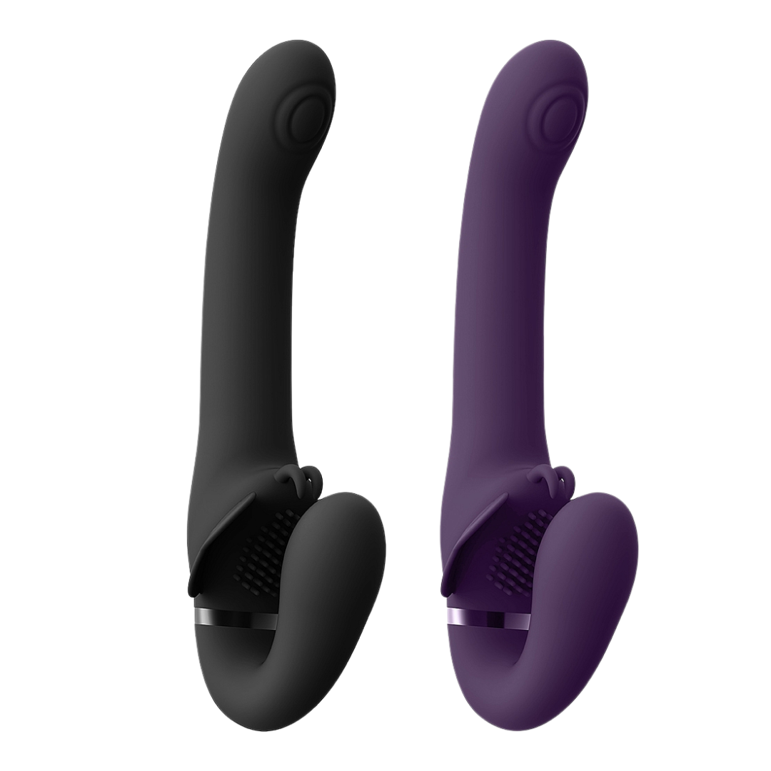 Image of the SATU strapless strap-on in black, featuring a sleek design, three motors for clitoral, G-spot, and partner stimulation, and a USB magnetic charger.