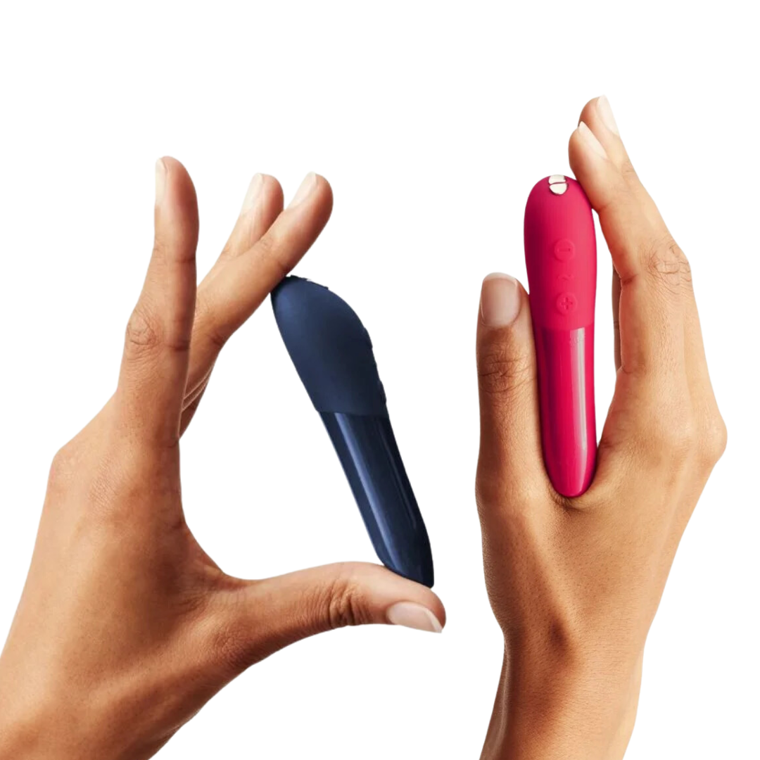 We-Vibe Tango X bullet vibrator in Cherry Red and Midnight Blue with 8 vibration modes, waterproof design, and ergonomic grip.