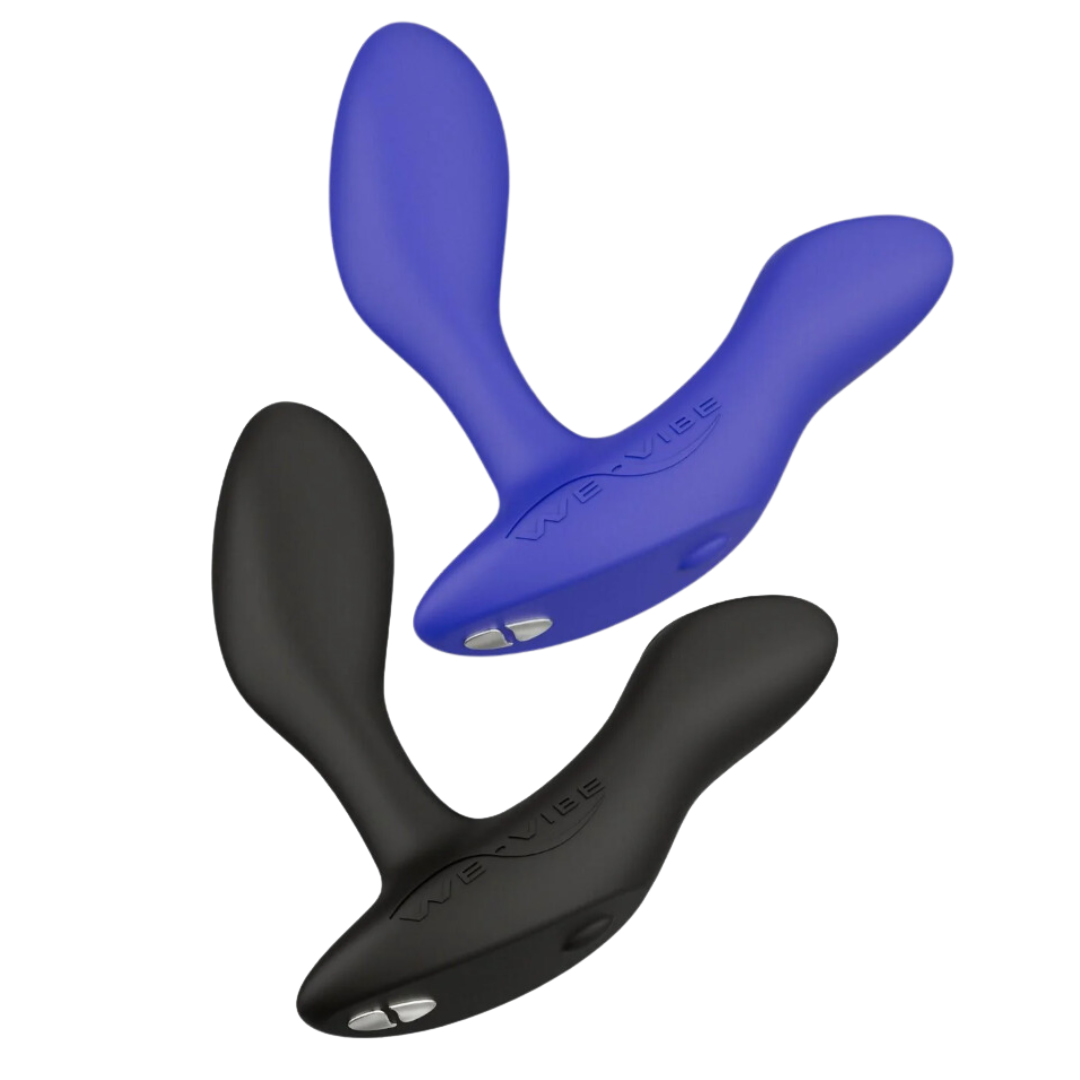 A close-up of the We-Vibe Vector+ Prostate Massager in blue, alongside its black remote control for wireless operation.