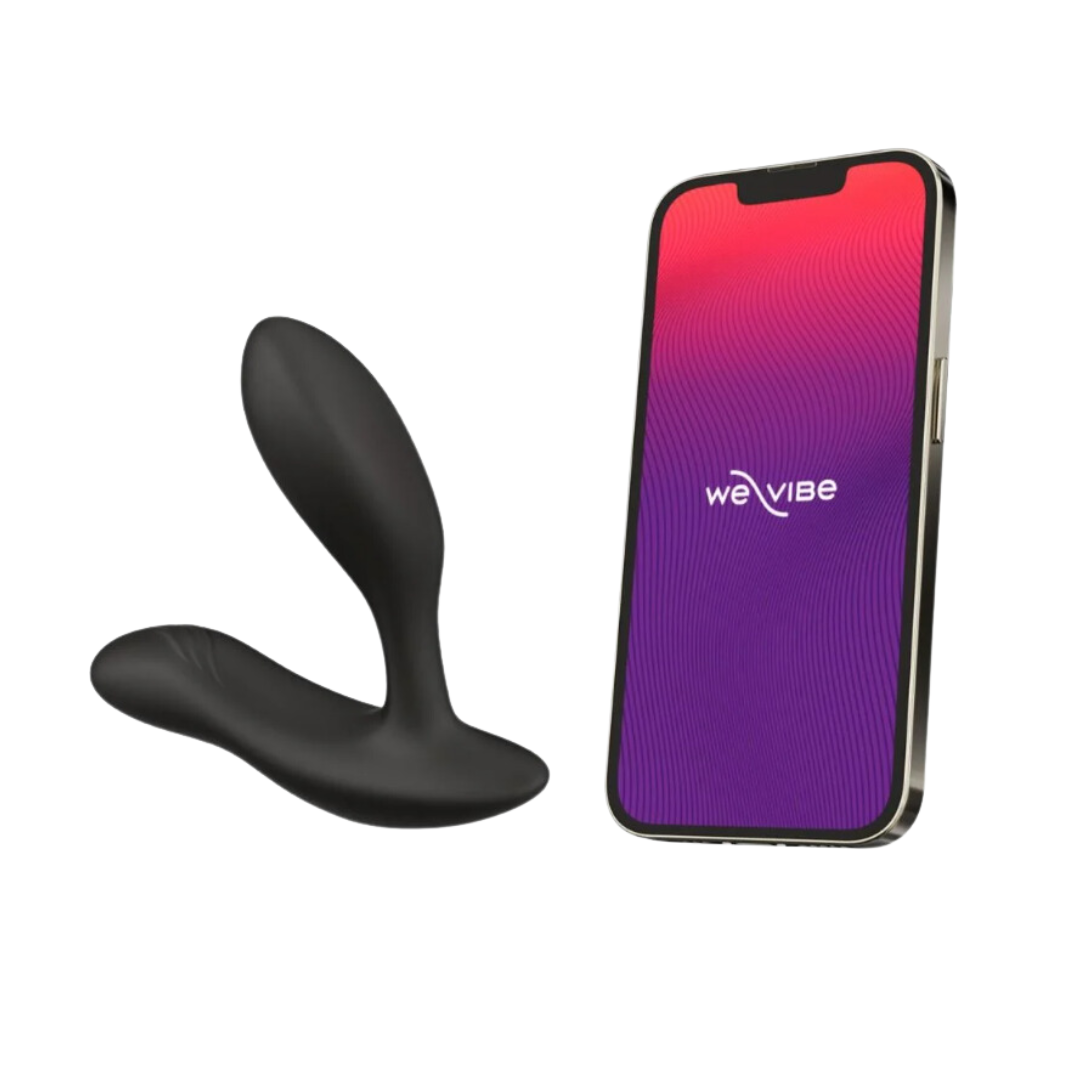 A close-up of the We-Vibe Vector+ Prostate Massager in blue, alongside its black remote control for wireless operation.