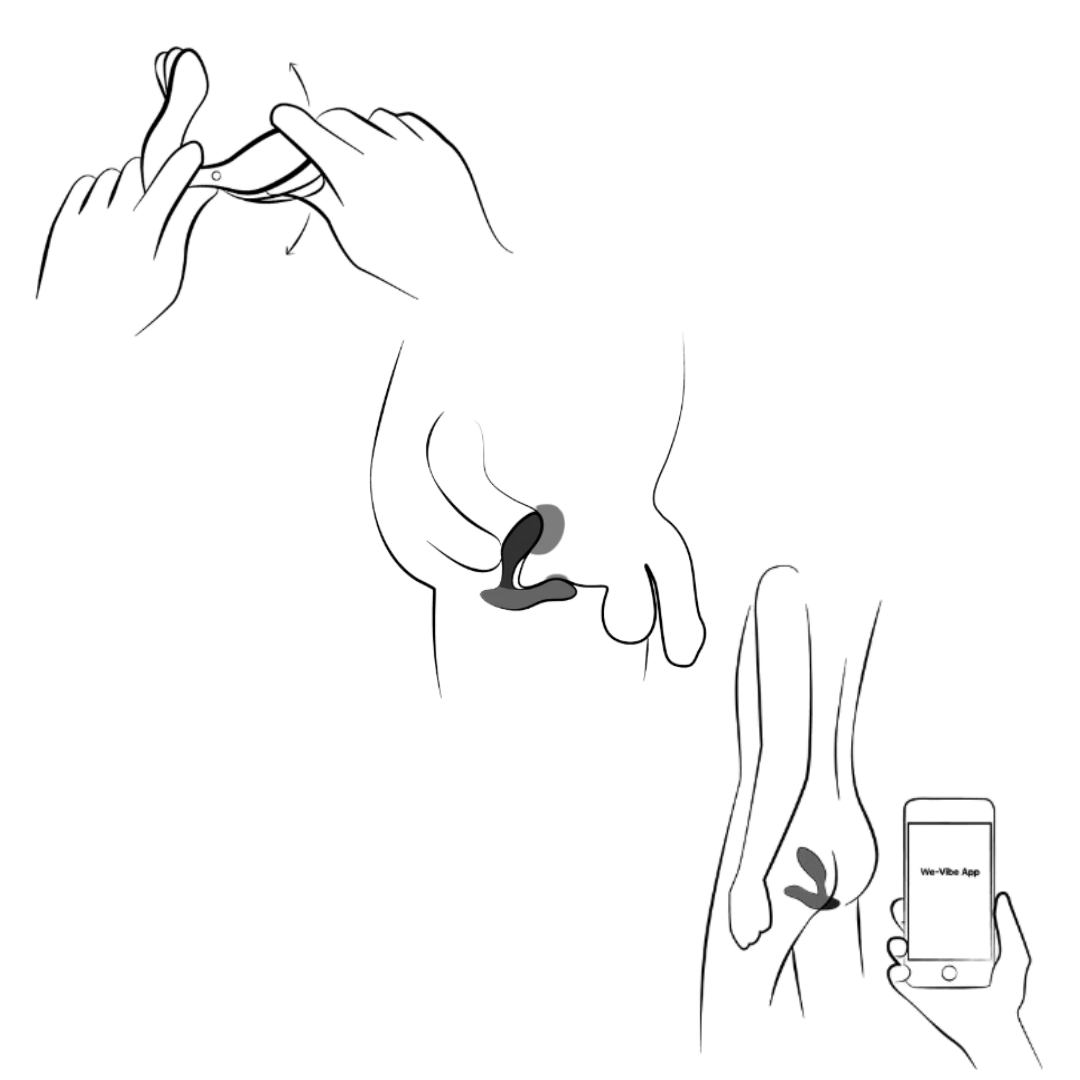 A close-up of the We-Vibe Vector+ Prostate Massager in blue, alongside its black remote control for wireless operation.