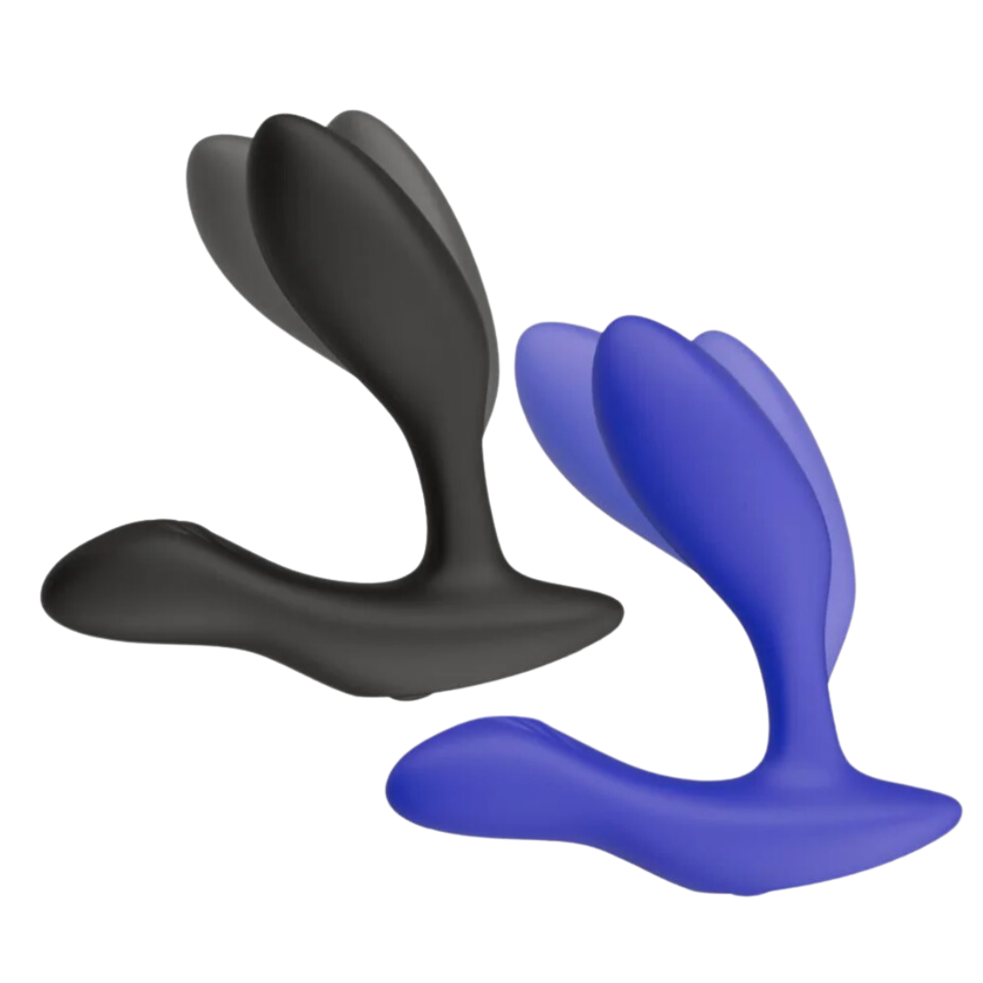 A close-up of the We-Vibe Vector+ Prostate Massager in blue, alongside its black remote control for wireless operation.