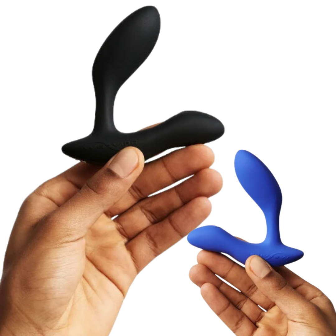 A close-up of the We-Vibe Vector+ Prostate Massager in blue, alongside its black remote control for wireless operation.