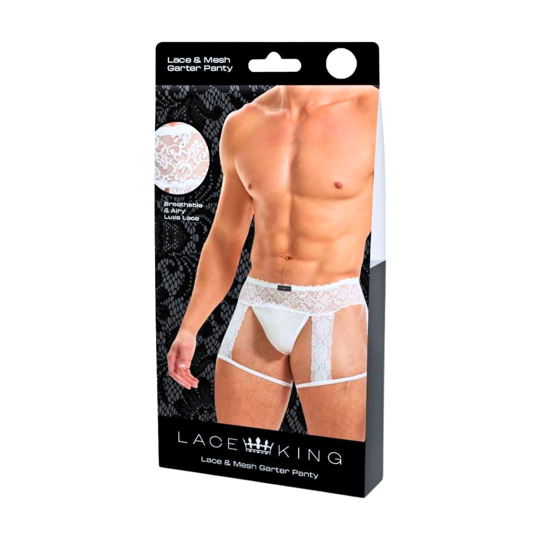 Men’s lace and mesh garter panty available in black and white, featuring adjustable straps, a wide lace waistband, and a bold, open-back design.