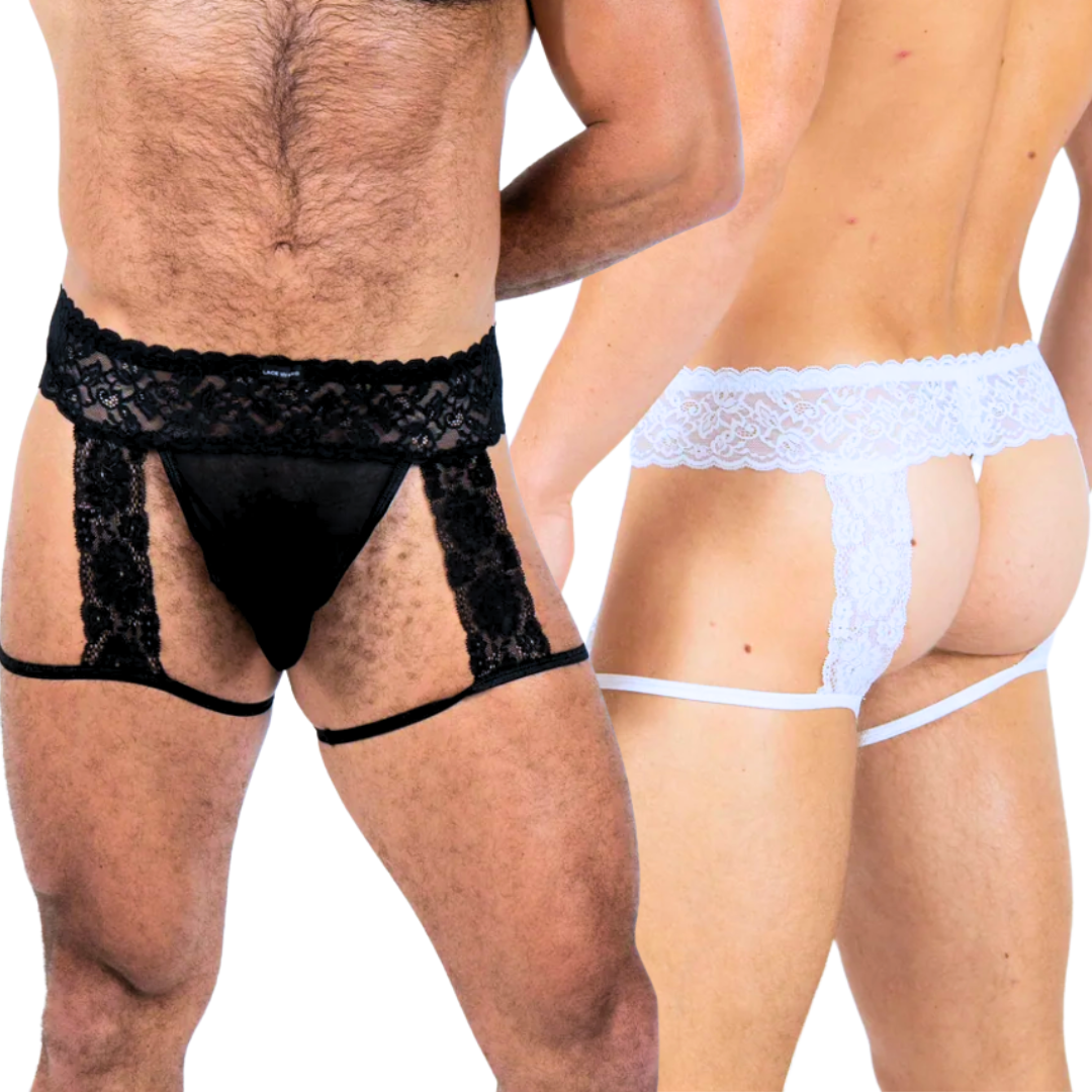 Men’s lace and mesh garter panty available in black and white, featuring adjustable straps, a wide lace waistband, and a bold, open-back design.