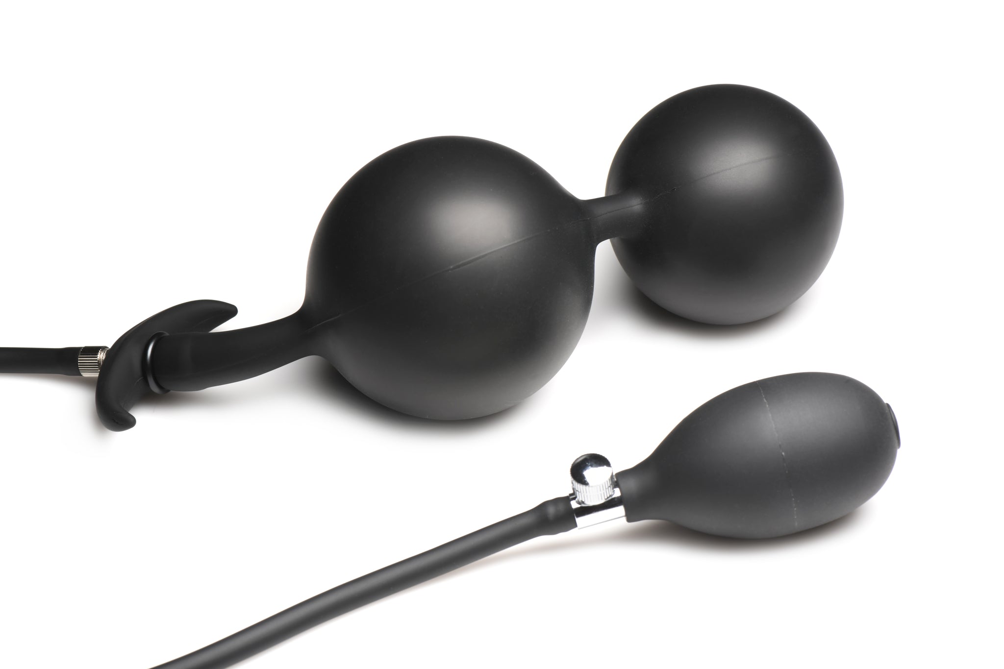 Master Series Ass Rattler: Inflatable anal plug with weighted steel balls for deep, customizable stimulation. Premium silicone, removable hose, and quick-release valve.