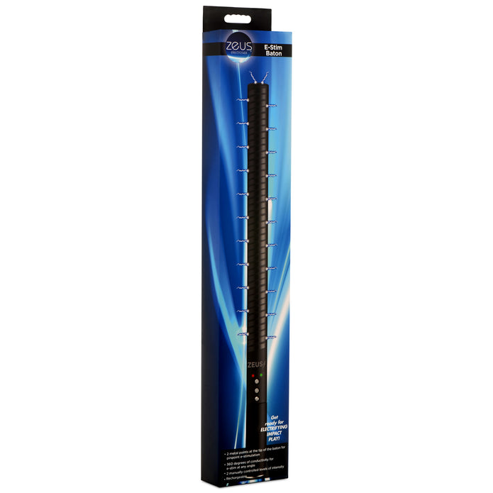 Electro baton with 360° e-stim surface, pinpoint tips, and adjustable intensity for BDSM play. Keywords: e-stim baton, 360 electro baton, Zeus electro baton, e-stim impact toy, pinpoint electro toy, BDSM shock baton, rechargeable e-stim toy, body-safe electro baton, Zeus e-stim BDSM gear, adjustable e-stim baton.