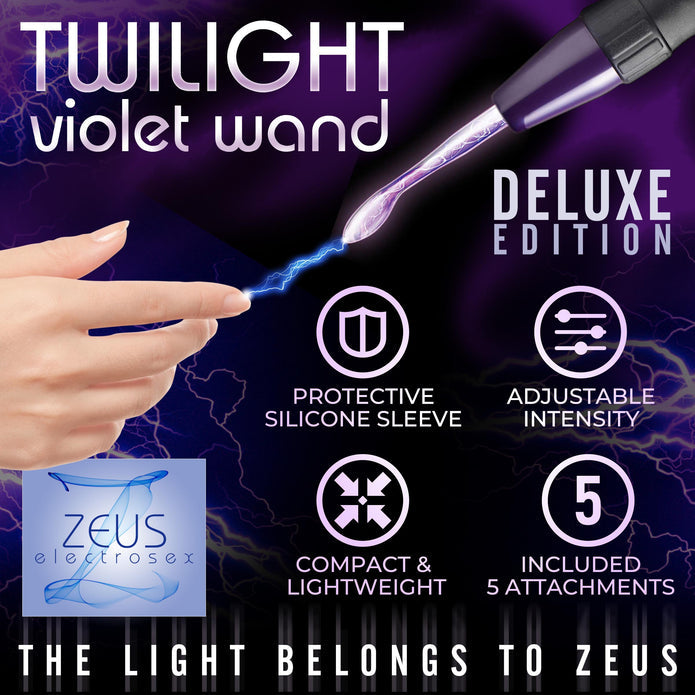 Zeus Deluxe Edition Twilight Violet Wand Kit with glowing glass attachments for customizable electrostimulation.
violet wand kit, electrostimulation wand, BDSM electrosex gear, light display sex toy, travel-friendly electro wand, glowing glass attachments, adjustable electrostimulation, silicone handle wand, Zeus Electrosex