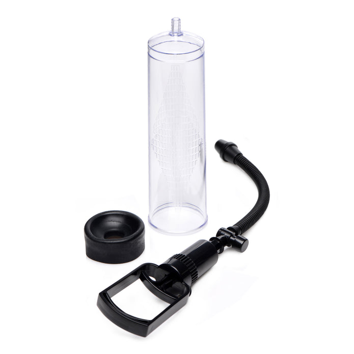 Clear vacuum penis pump with a trigger handle, air-release valve, measurement markings, and a silicone sleeve for performance enhancement.