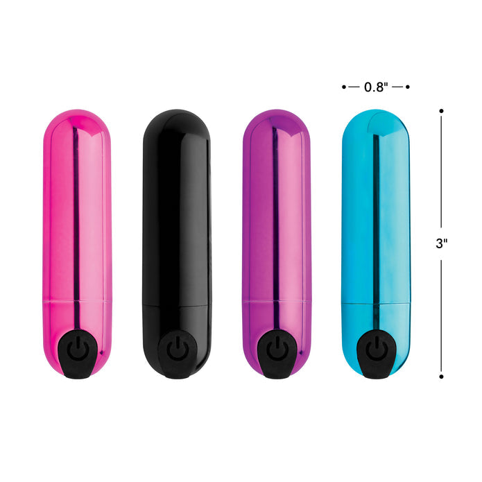 Compact bullet vibrator with 10 vibration patterns, metallic finish, USB rechargeable, waterproof, available in pink, black, purple, and blue.