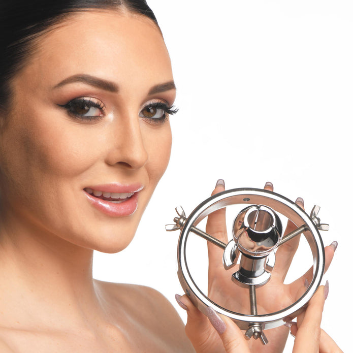 Stainless steel anal expander with adjustable plug from 1.6 to 3.8 inches, fisting-friendly center ring, and 6 silicone O-rings for extreme anal play.