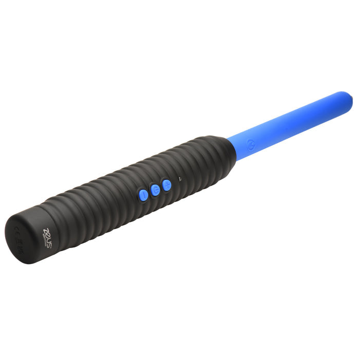 Zeus Electrosex Pinpoint Zapping Wand with two shock levels. Compact, black and blue ribbed handle for control. Perfect for intense sensory play. Keywords: electrosex wand, Zeus zapping wand, BDSM e-stim tool, pinpoint electro wand, sensory play zapper, e-stim intensity wand, ribbed handle wand, portable electrosex toy, Zeus electro gear, electrical sensory toy.