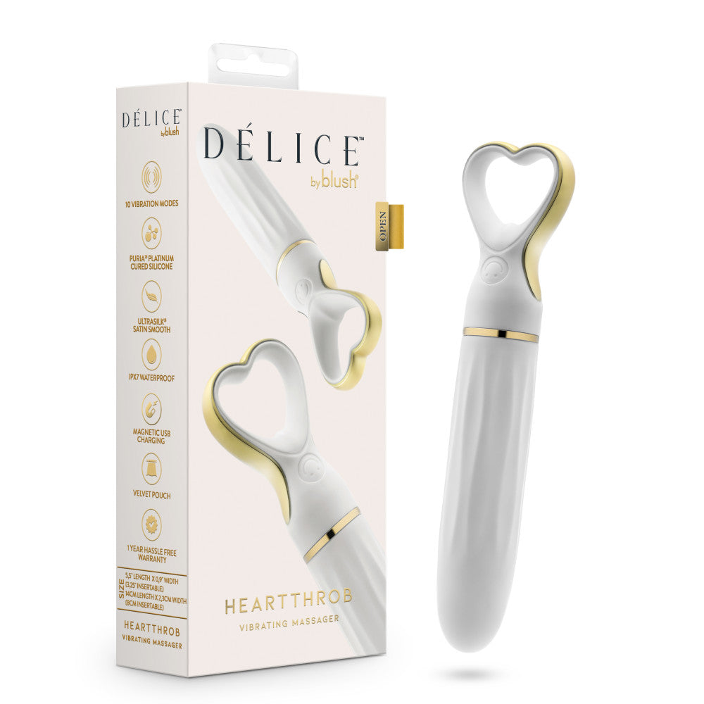 A chic, heart-shaped vibrator with 10 vibration modes, a tapered tip, and a gold-accented handle. Made from soft silicone, it’s splashproof, USB rechargeable, and compact for travel.
Keywords: Delice vibrator, heart-shaped handle, chic vibrator, Puria silicone, UltraSilk finish, splashproof vibrator, USB rechargeable, travel-friendly vibrator, 10 vibration modes, compact vibrator, body-safe silicone, giftable vibrator
