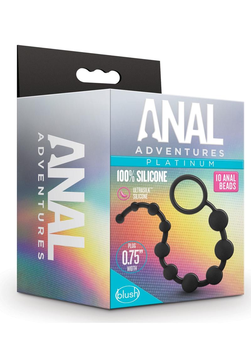 Anal Adventure Platinum Silicone 10 Anal Beads - Black Packaging of Anal Adventures Platinum Silicone Beads with product displayed, highlighting 100% silicone material and a smooth pull ring design
