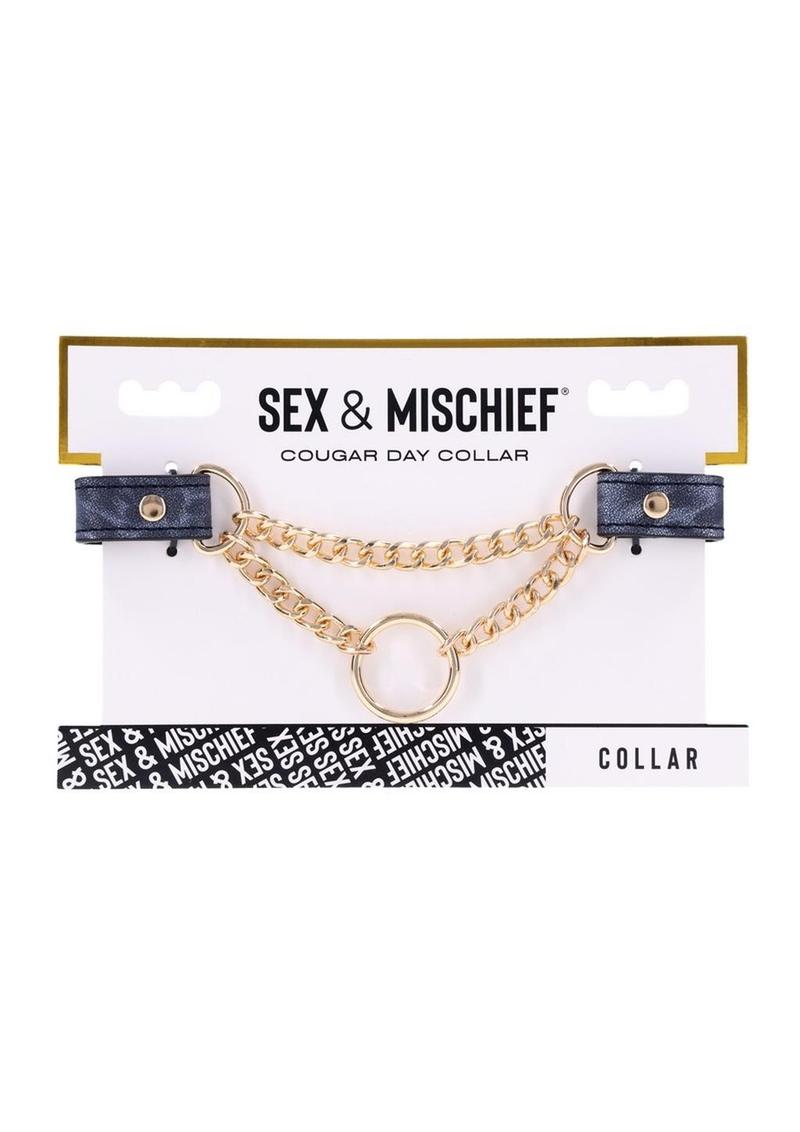animal-printed faux leather collar, gold hardware collar, fixed chain collar, stylish BDSM accessory, adjustable neck collar, playful faux-choking collar, feline-inspired collar