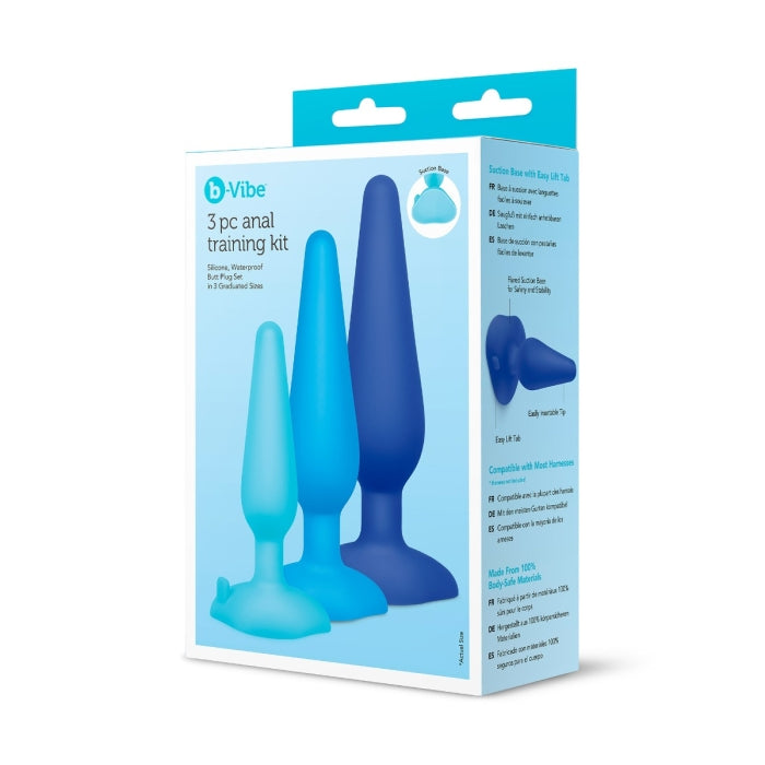 b-Vibe 3-Piece Anal Training Kit: Progressive silicone plugs, waterproof, body-safe, with suction base for versatile hands-free play.