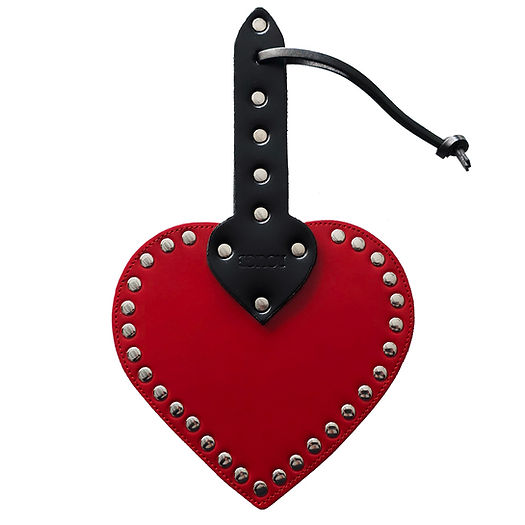 Heart-shaped leather spanking paddle with riveted studs, wrist strap, and genuine cowhide leather in pink, black, or red.
heart-shaped paddle, leather spanking paddle, genuine leather paddle, impact play paddle, heart impression paddle, luxury bondage paddle, studded spanking paddle, pink leather paddle, black leather paddle, red leather paddle, handcrafted BDSM paddle.