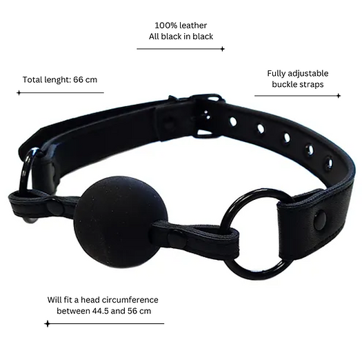 All-black leather ball gag with adjustable buckle strap and rubber ball for BDSM play.
leather ball gag, adjustable ball gag, BDSM accessories, bondage gear, all-black ball gag, 100% leather gag, rubber ball gag, head circumference 44.5–56 cm, BDSM restraints