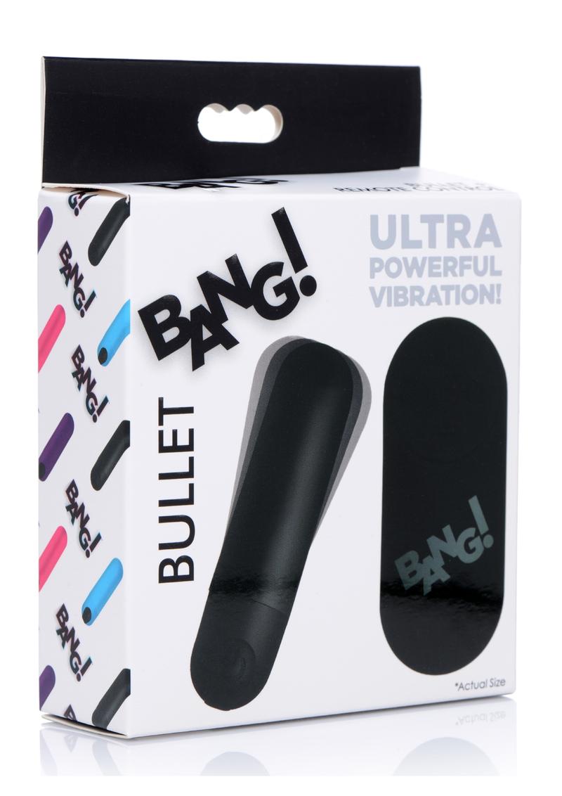 Bang! Vibrating Bullet with Remote Control - Black Bang Bullet Vibrator with 3 speeds, 7 patterns, wireless remote, and waterproof design.
Keywords: Bang Bullet Vibrator, vibrating bullet, remote control vibrator, compact vibrator, waterproof bullet vibe, rechargeable bullet vibrator, body-safe silicone vibrator, small but powerful vibrator, Bang! sex toys, partner play vibrator.
