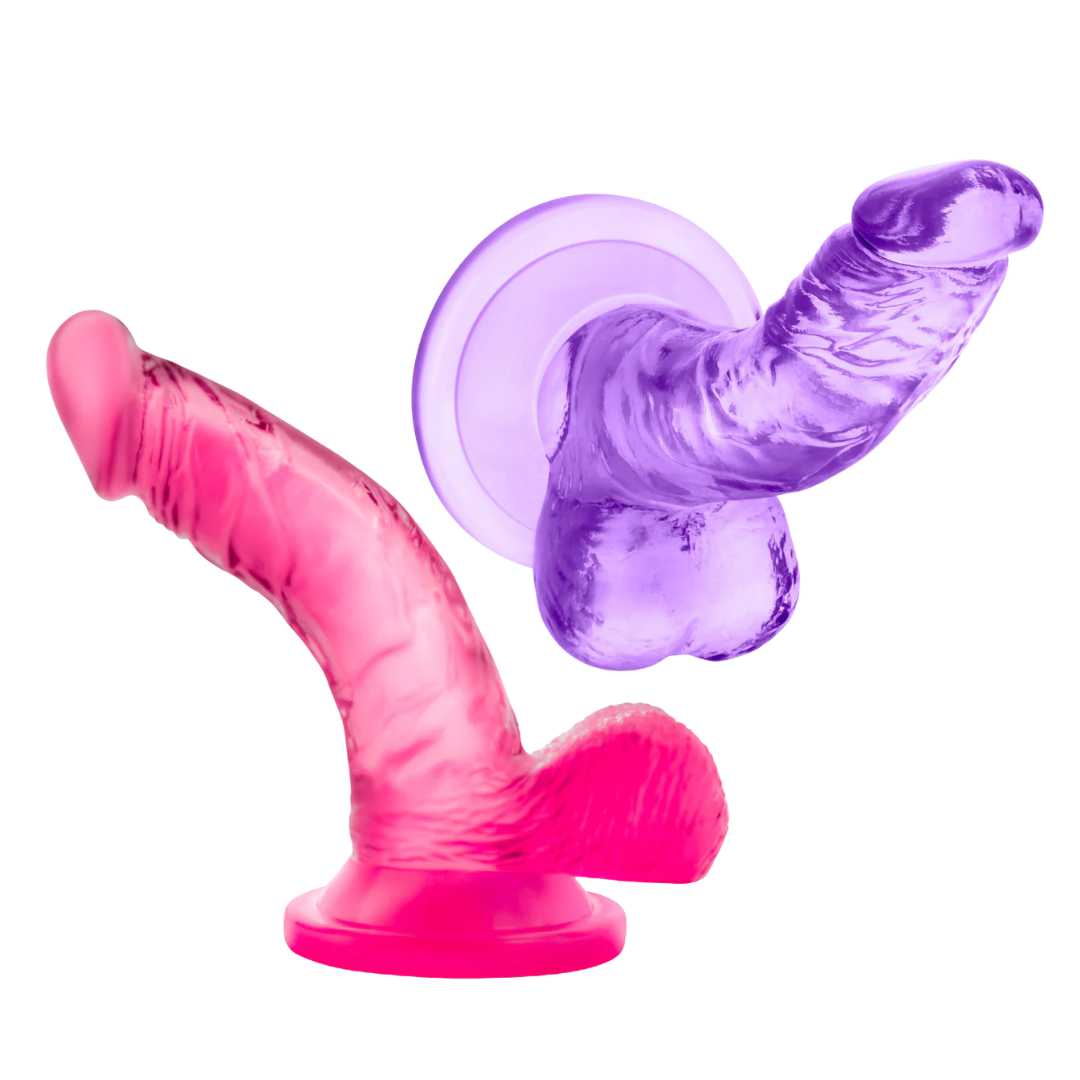 Naturally Yours Mini Cock, lifelike dildo with curved shaft, suction cup base, and body-safe materials, available in pink or purple.
beginner dildo, lifelike dildo, pink dildo, purple dildo, G-spot stimulation, P-spot stimulation, pegging toy, harness-compatible dildo, suction cup dildo, body-safe TPE, beginner-friendly sex toy