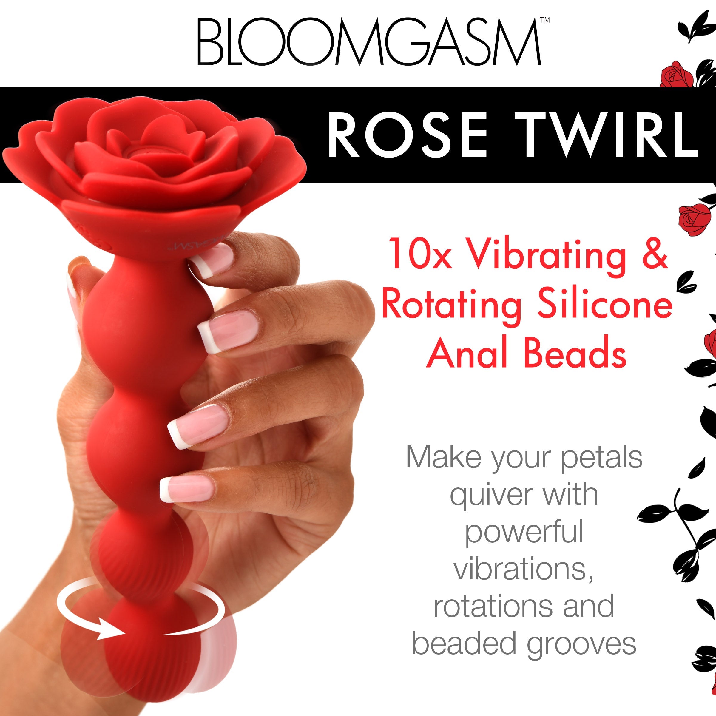 Rose Twirl 10X Vibrating & Rotating Silicone Anal Beads, featuring 3 speeds, 7 patterns, textured beads, premium silicone, and IPX6 waterproof design for body-safe backdoor pleasure
vibrating anal beads, rotating anal beads, silicone anal toy, textured anal beads, body-safe silicone, waterproof anal toy, rechargeable anal toy, anal beads for beginners, rose-themed adult toy