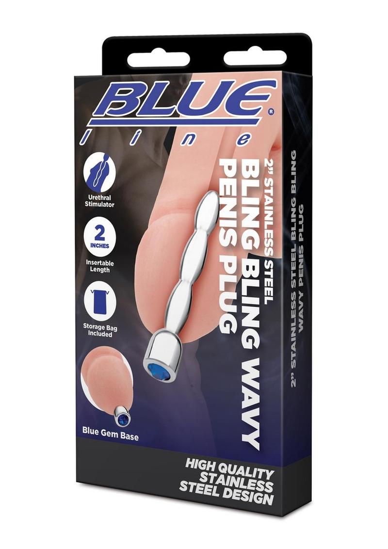 Blue Line Bling Bling Wavy Penis Plug 2in - Stainless - Steel Keywords: Blue Line penis plug, wavy penis plug, stainless steel urethral plug, sparkling gem penis plug, urethral play, glamorous BDSM toys, 2-inch urethral stimulator, body-safe penis plug, durable urethral toy, bling penis plug.