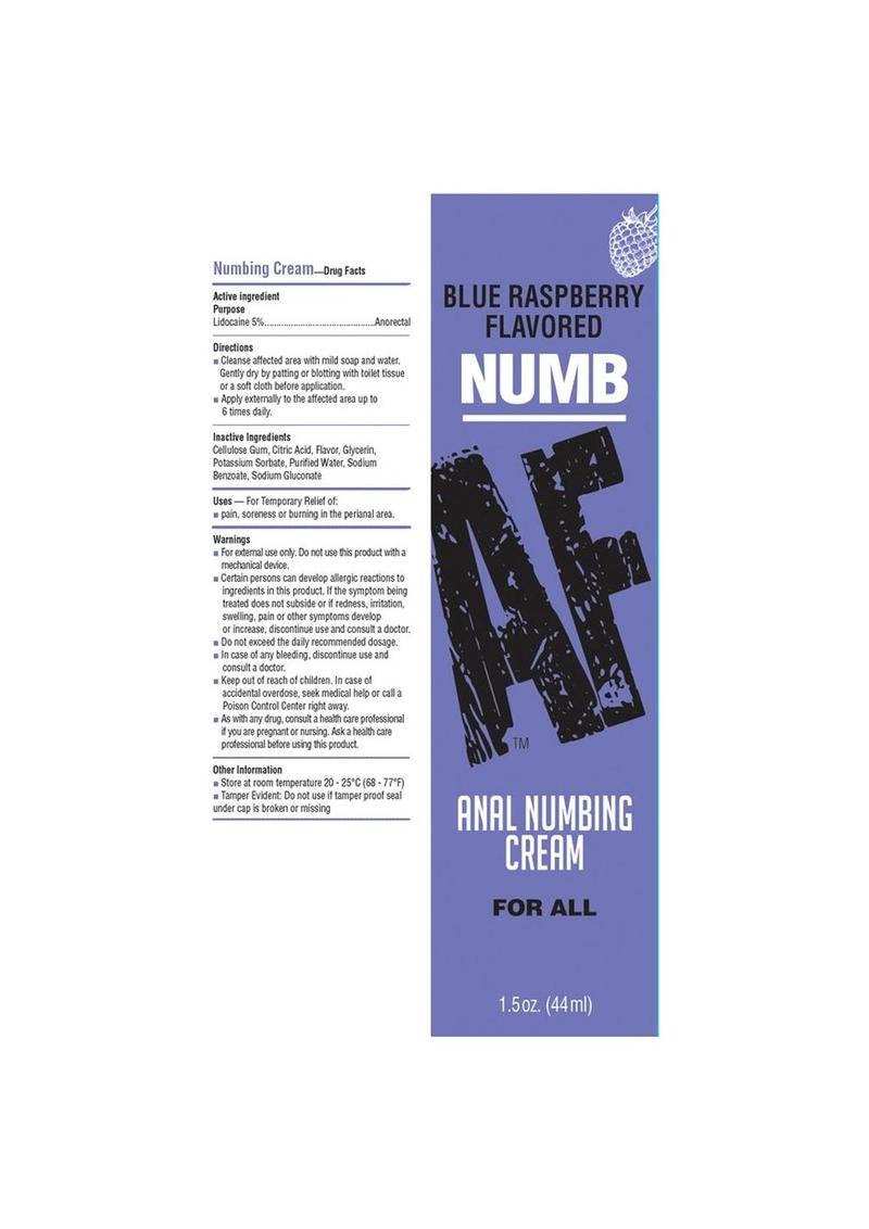 Close-up of the packaging for Blue Raspberry NUMB AF Anal Numbing Cream in a 1.5 oz (44 ml) tube. The blue box displays the product name with flavor at the top and "Anal Numbing Cream For All" at the bottom. The left side of the box lists active and inactive ingredients, directions, uses, and warnings. The cream contains 5% lidocaine for temporary relief of pain, soreness, or burning in the perianal area. Safety and usage instructions are provided, including storage information and cautions
