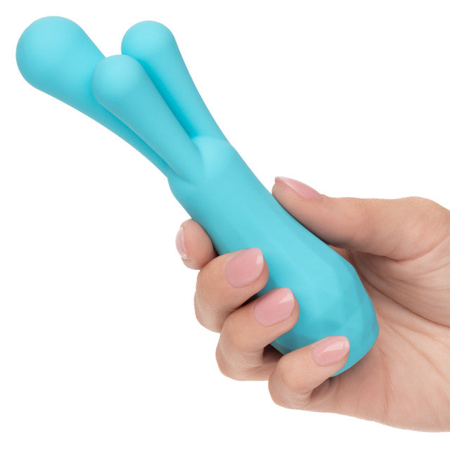 Gia™ Triple Teaser Blue silicone triple teaser vibrator with 12 vibration modes, waterproof design, USB rechargeable, and memory chip for personalized pleasure. triple stimulator vibrator, waterproof vibrator, USB rechargeable vibrator, 12-function vibrator, body-safe silicone, phthalate-free, travel lock, versatile vibrator, IPX7 waterproof toy.