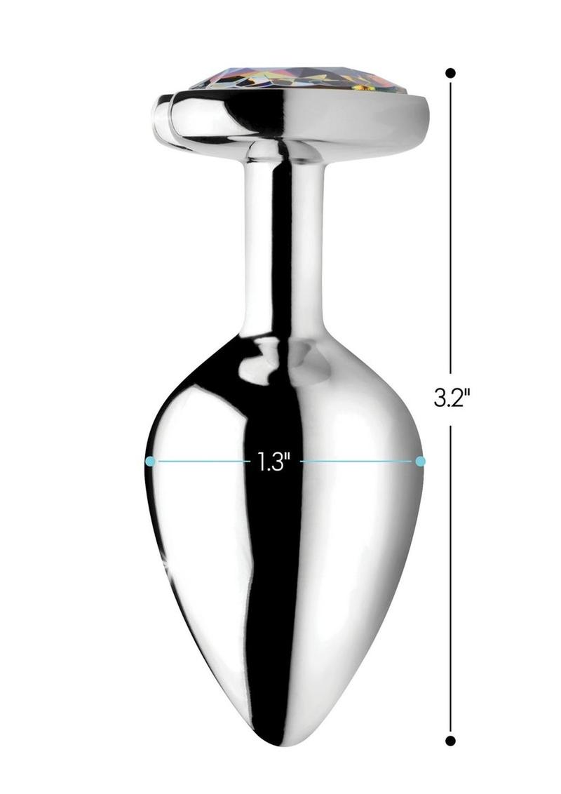 Heart-shaped rainbow gem butt plug, nickel-free aluminum alloy, available in Small and Medium sizes, smooth surface for comfort and temperature play.