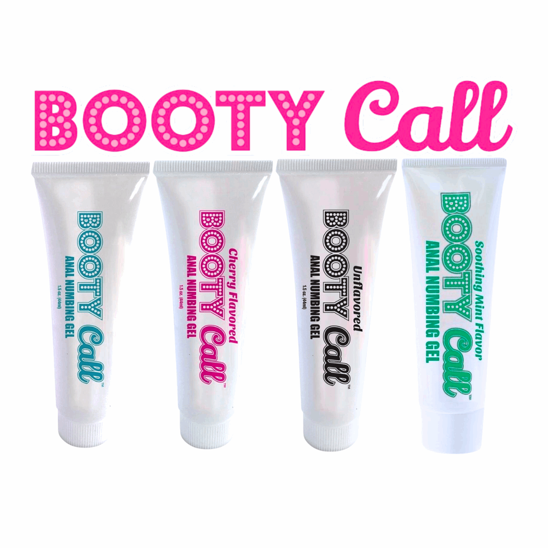 The image features four tubes of "Booty Call Anal Numbing Gel" in different flavors and variations, arranged in a row under a bold "Booty Call" logo in pink. Each tube is labeled with the product name and the specific flavor or type. The available options shown are:
Original Anal Numbing Gel - Teal label
Cherry Flavored Anal Numbing Gel - Pink label
Unflavored Anal Numbing Gel - Black label
Soothing Mint Flavor Anal Numbing Gel - Green label
Each tube has a clean, white design with color-coded text that in
