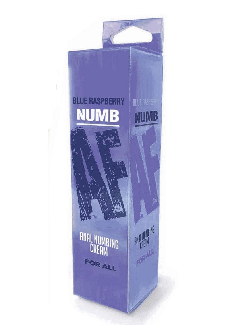 Blue box of blue raspberry NUMB AF Anal Numbing Cream. The front showcases "NUMB AF" in large, distressed text, with "Anal Numbing Cream" and "For All" beneath it. The flavor is labeled at the top. The packaging is bold and flavor-specific, designed for comfort during anal play.