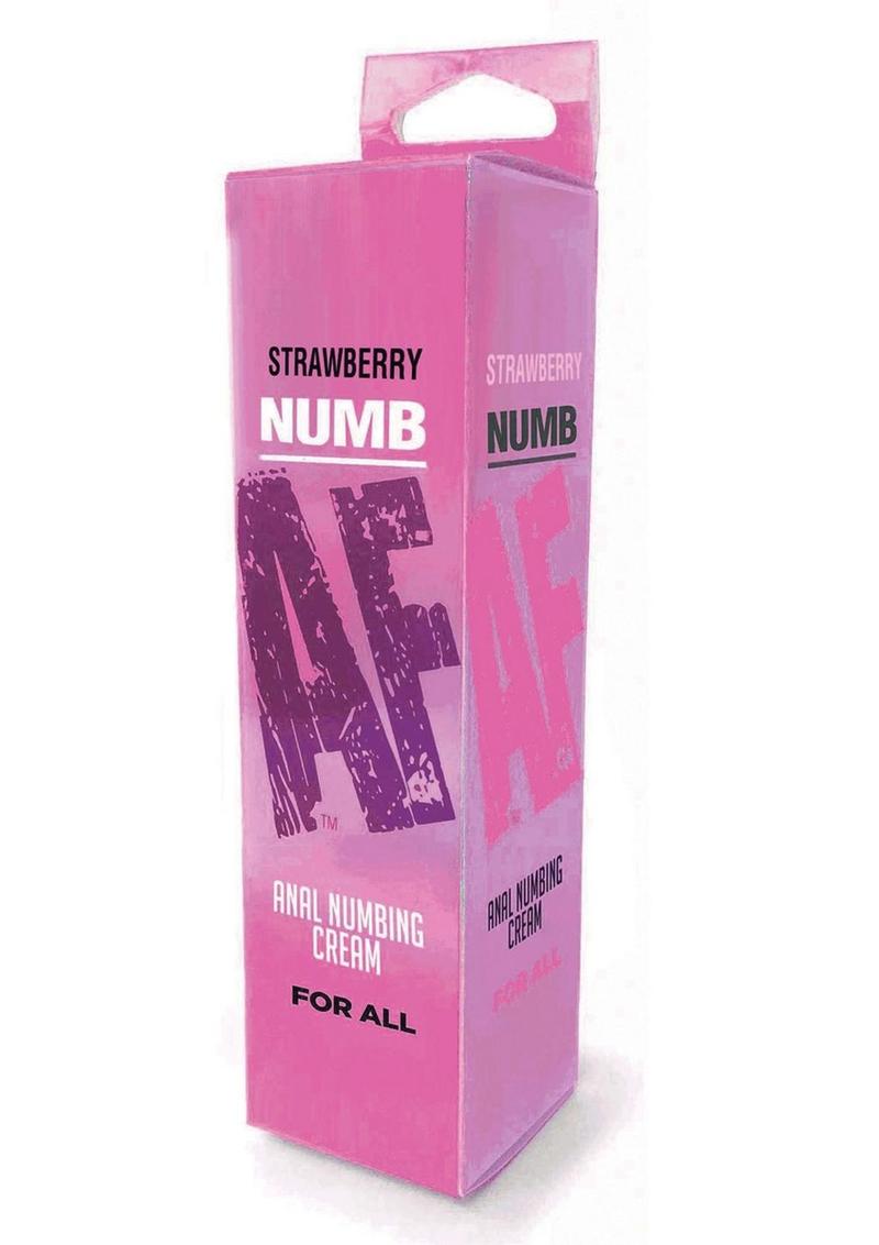 Pink box of strawberry NUMB AF Anal Numbing Cream. The front showcases "NUMB AF" in large, distressed text, with "Anal Numbing Cream" and "For All" beneath it. The flavor is labeled at the top. The packaging is bold and flavor-specific, designed for comfort during anal play.