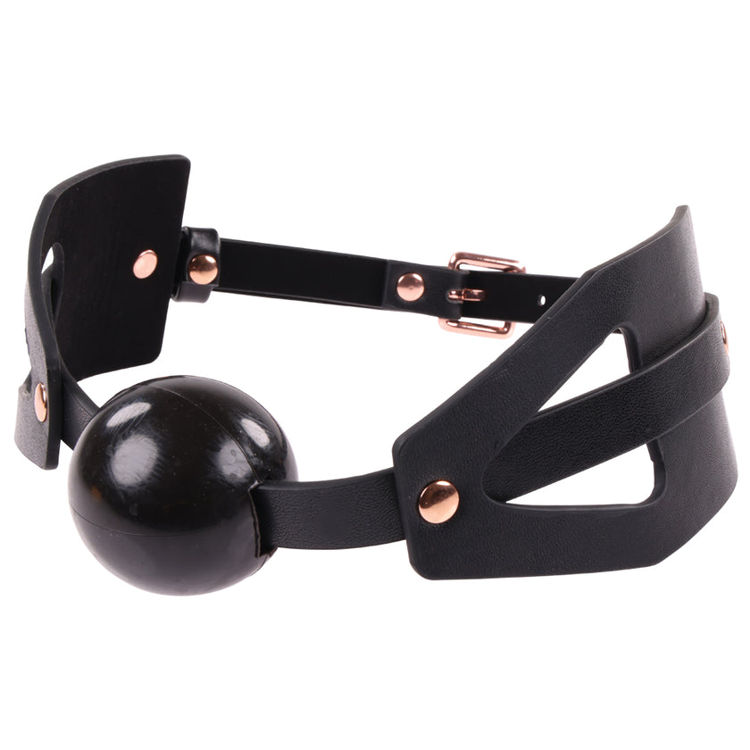Brat Ball Gag with faux leather strap, adjustable buckle, and soft silicone ball for BDSM play. Keywords: brat ball gag, adjustable ball gag, BDSM gag, faux leather gag, rose gold ball gag, black ball gag, BDSM mouth restraint, kink accessories, soft silicone gag, bondage gear.