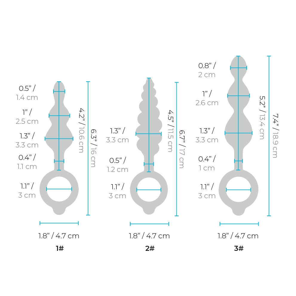 A set of three graduated silicone anal plugs in varying textures and sizes, featuring smooth, beaded designs in black, blue, and metallic purple. Each plug has a retrieval ring for easy handling and removal, and the plugs are displayed upright to highlight their unique shapes.