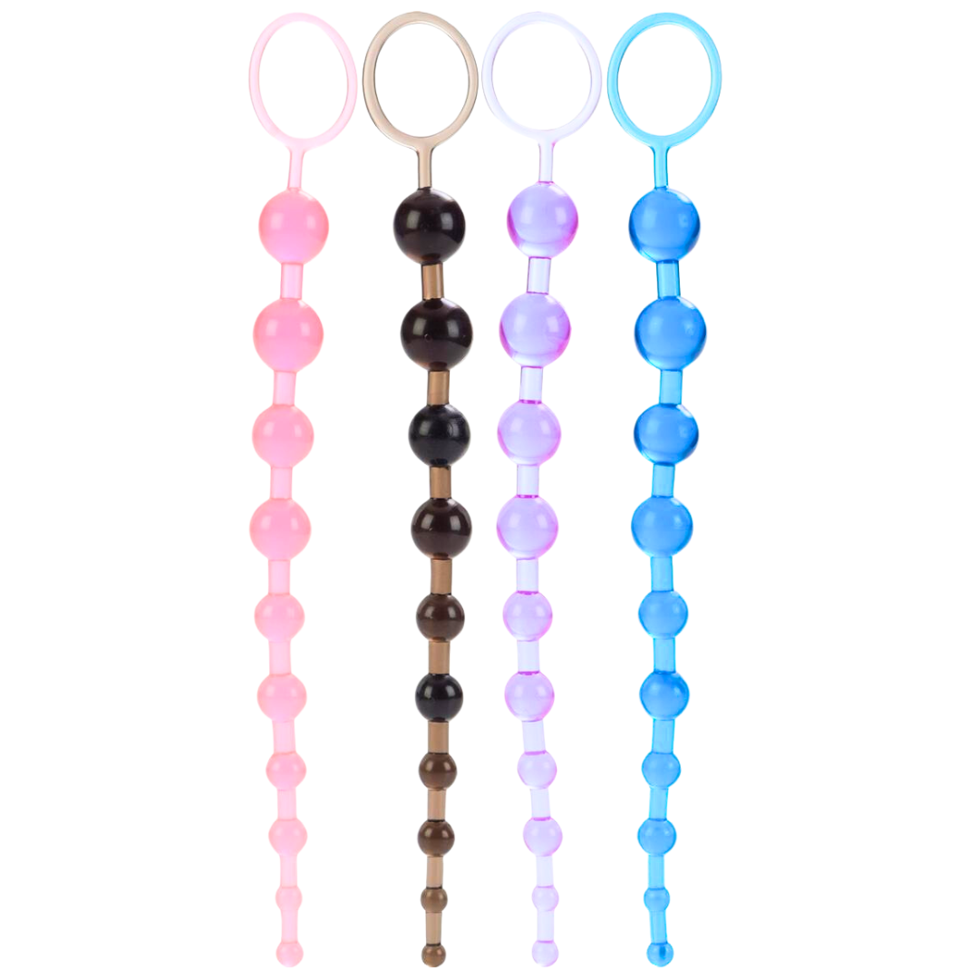Four sets of graduated anal beads in pink, black, purple, and blue colors, each featuring a retrieval ring at the end for safe and easy use.