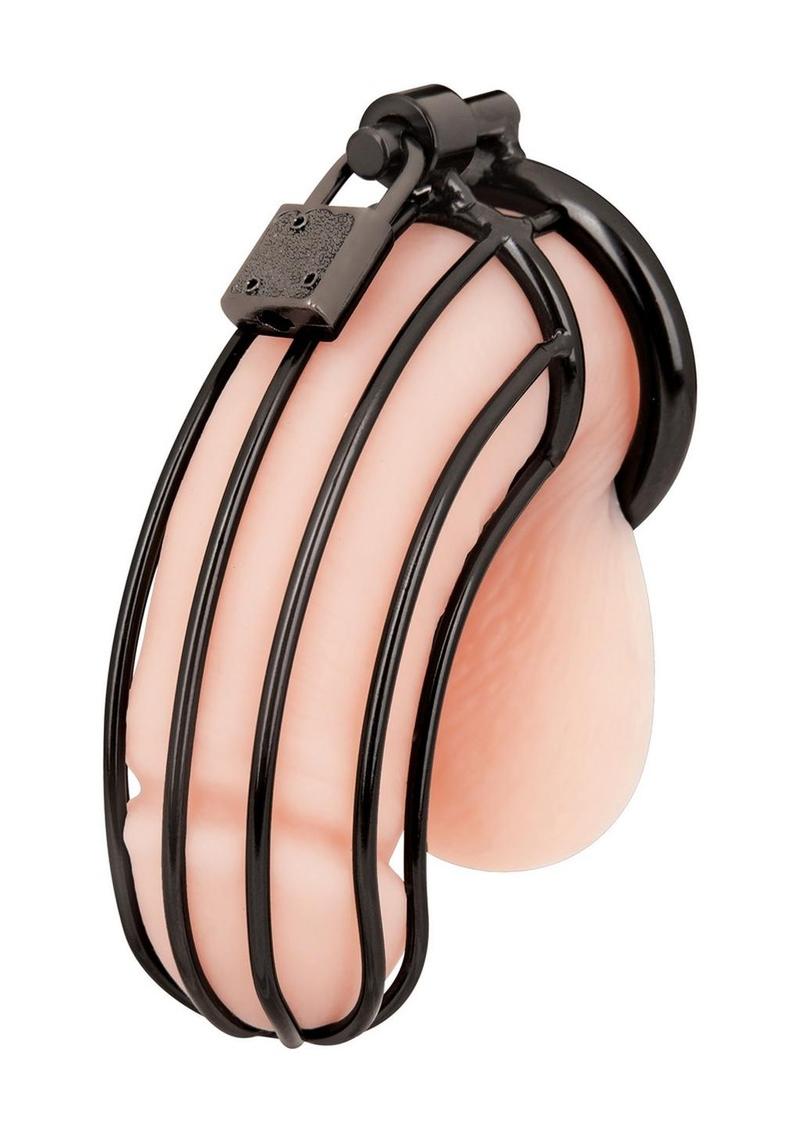 Stainless steel Prisoner Cock Cage Chastity Device with three-piece interlocking design, customizable rings, padlock, and key for secure, long-term wear.